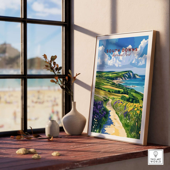 South Downs National Park poster in a sunlit room with coastal view and flowers, showcasing the park's natural beauty.