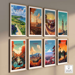 South Downs National Park Poster along with other city posters framed on a wall.