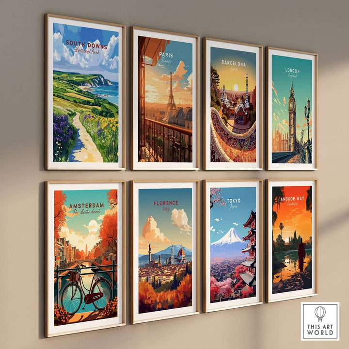 Colorful travel posters of iconic cities including South Downs, Paris, Barcelona, London, Amsterdam, Florence, Tokyo, and Angkor Wat.