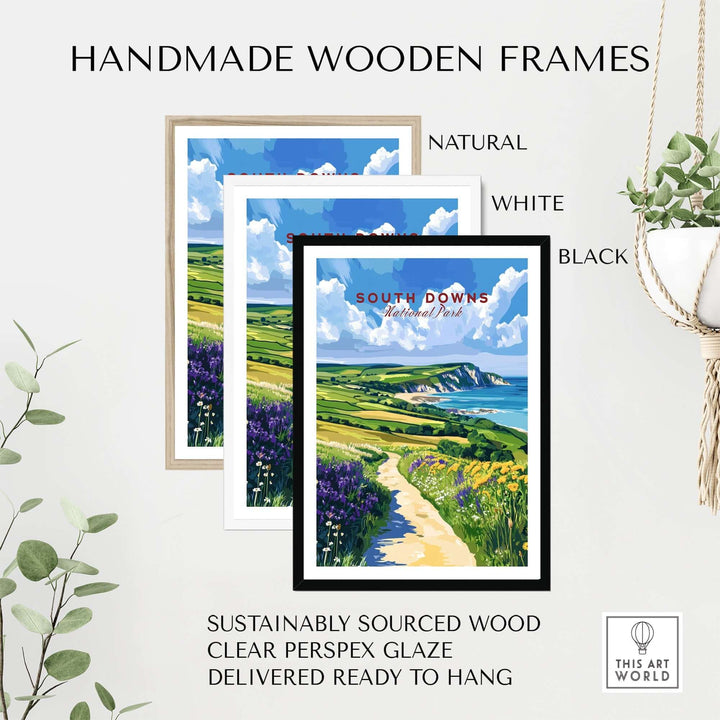 Handmade wooden frames in natural, white, and black, ready to hang with South Downs National Park poster, sustainably sourced wood.