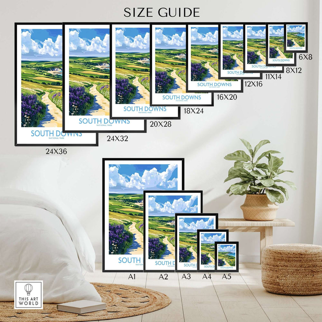 Size guide for South Downs National Park poster featuring various frame sizes displayed in a stylish home setting.