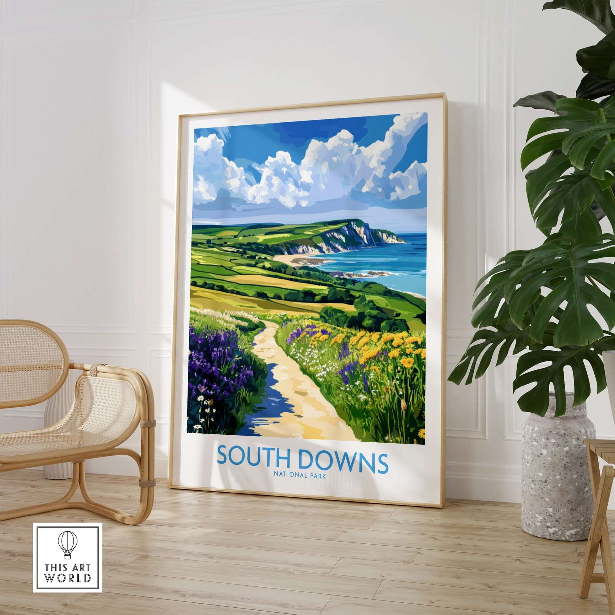 South Downs National Park Poster England featuring coastal cliffs and vibrant landscapes in a stylish home setting.