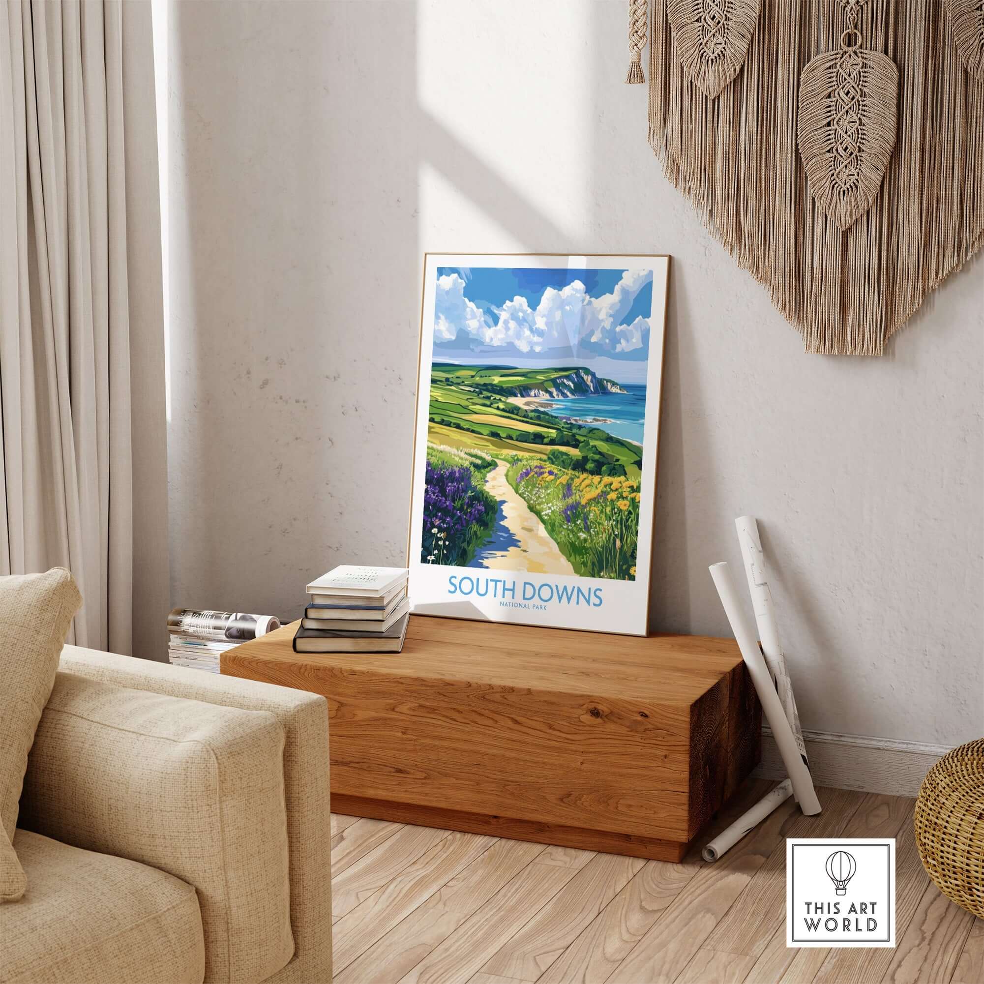 South Downs National Park Poster England displayed in a cozy living room showcasing scenic cliffs and lush landscapes.