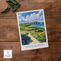 South Downs National Park Poster England showcasing vibrant cliffs and fields in a beautifully illustrated landscape.