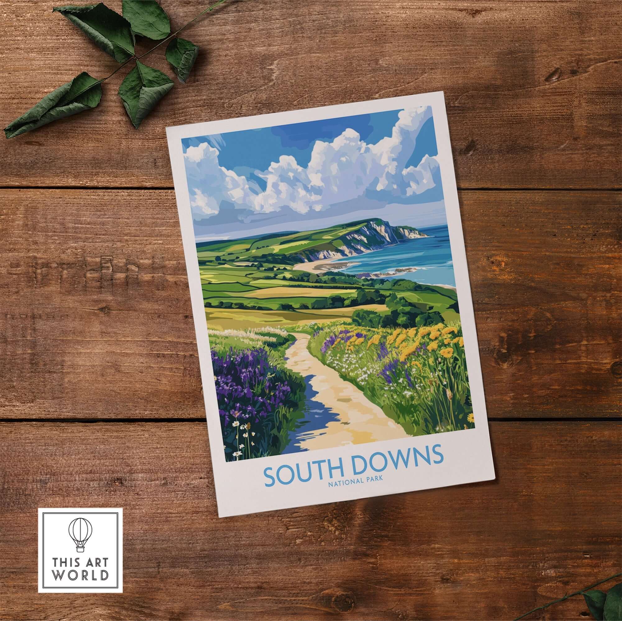 South Downs National Park Poster England showcasing vibrant cliffs and fields in a beautifully illustrated landscape.