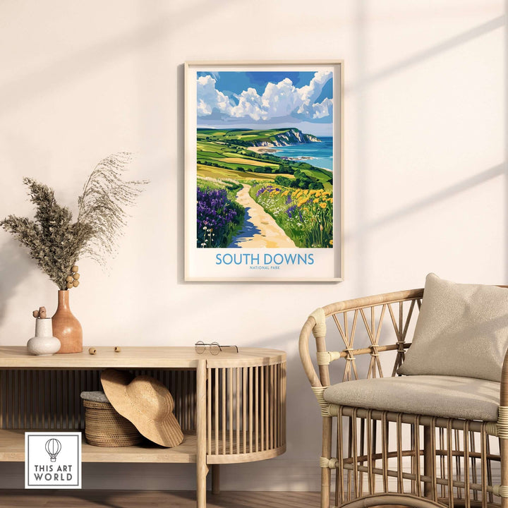 South Downs National Park poster displayed in a modern living room, showcasing coastal cliffs and vibrant landscapes of England.