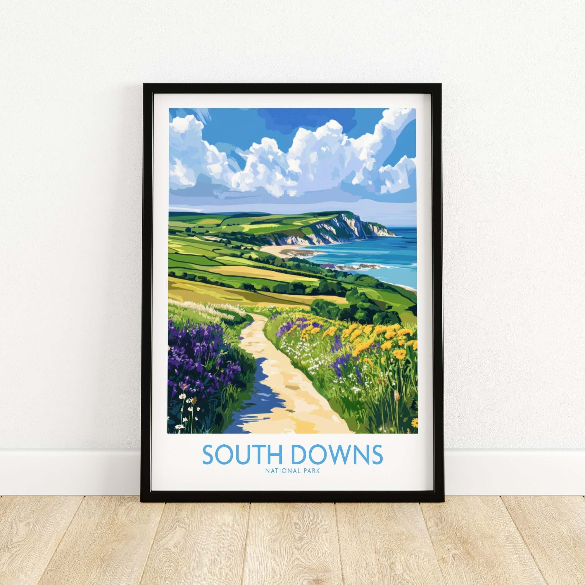 South Downs National Park Poster England featuring scenic cliffs and vibrant flowers in a framed design.