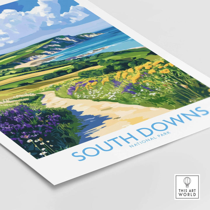 South Downs National Park poster featuring vibrant coastal scenery and lush landscape in England. Perfect for nature lovers.