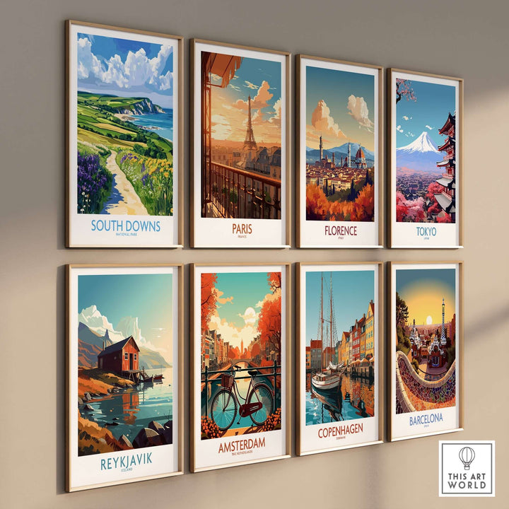 A collection of travel posters featuring South Downs, Paris, Florence, Tokyo, Reykjavik, Amsterdam, Copenhagen, and Barcelona.