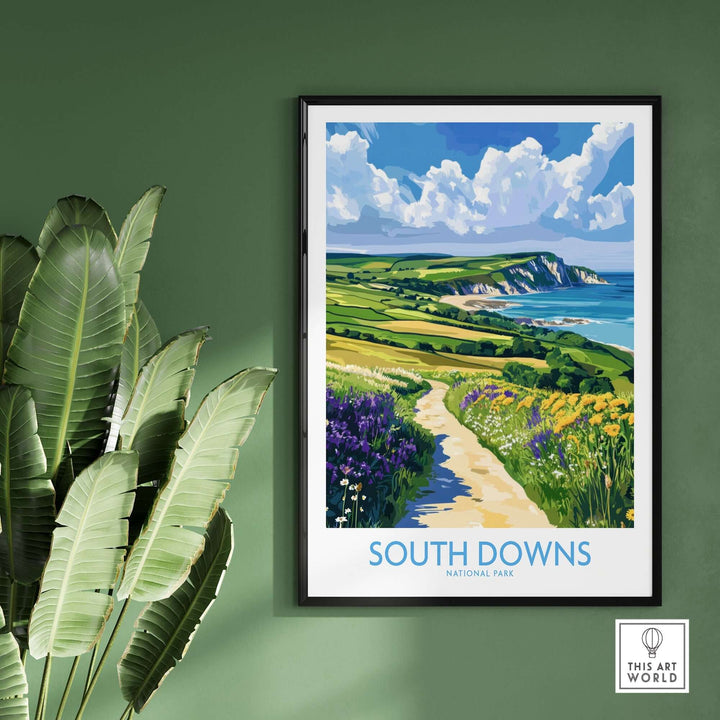 South Downs National Park poster featuring coastal cliffs and lush greenery, perfect for nature lovers home decor.