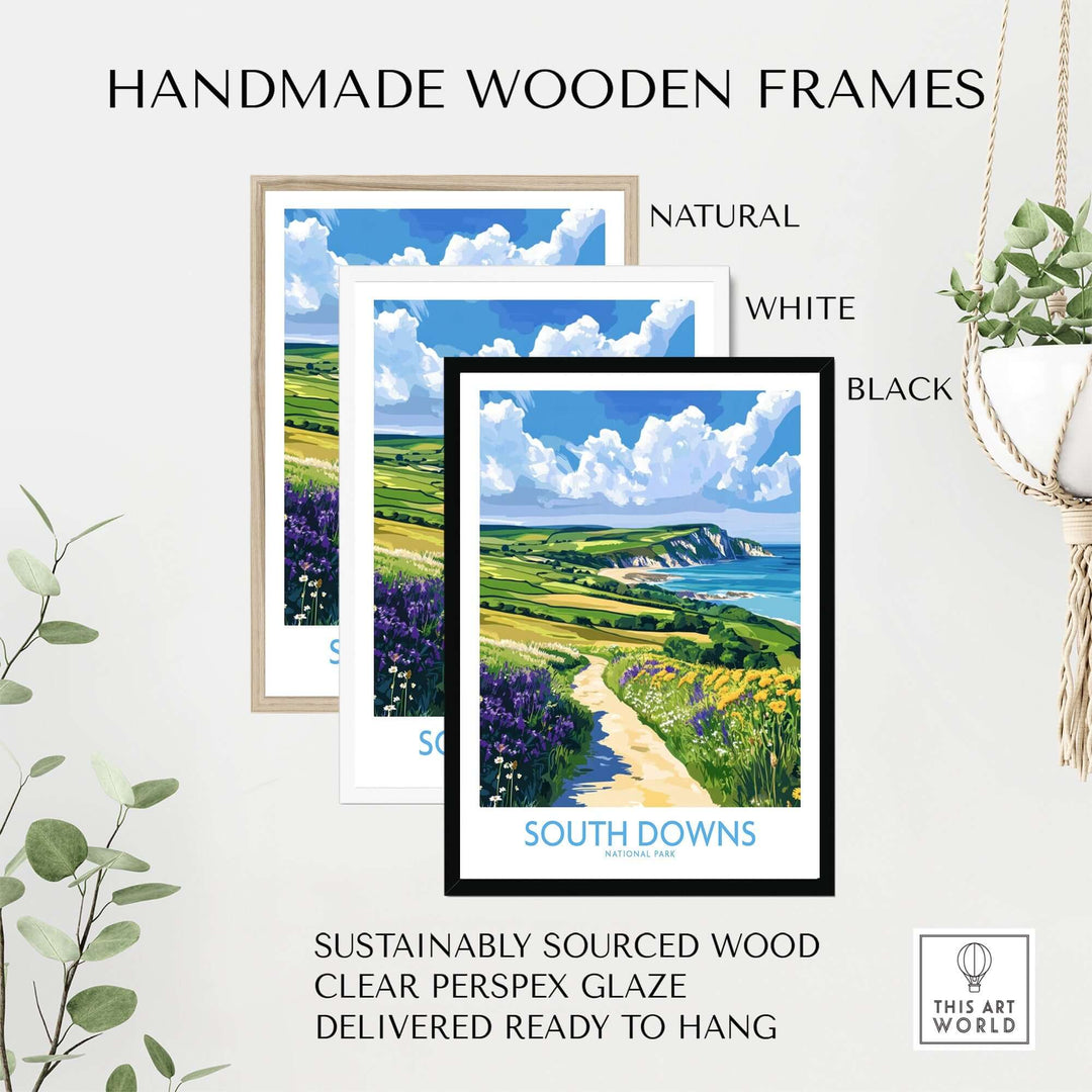 Handmade wooden frames in natural, white, and black for South Downs National Park poster, featuring sustainable materials.