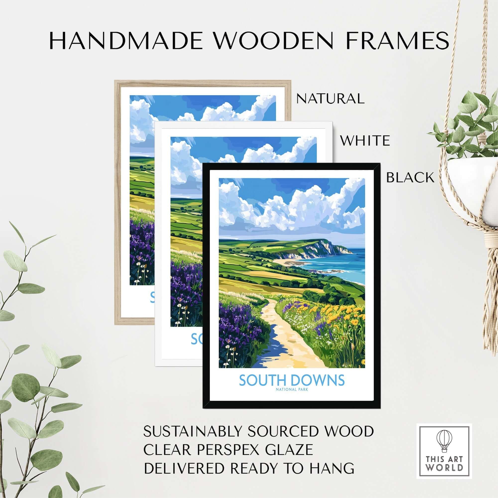 Handmade wooden frames for South Downs National Park Poster England, showcasing natural, white, and black options.