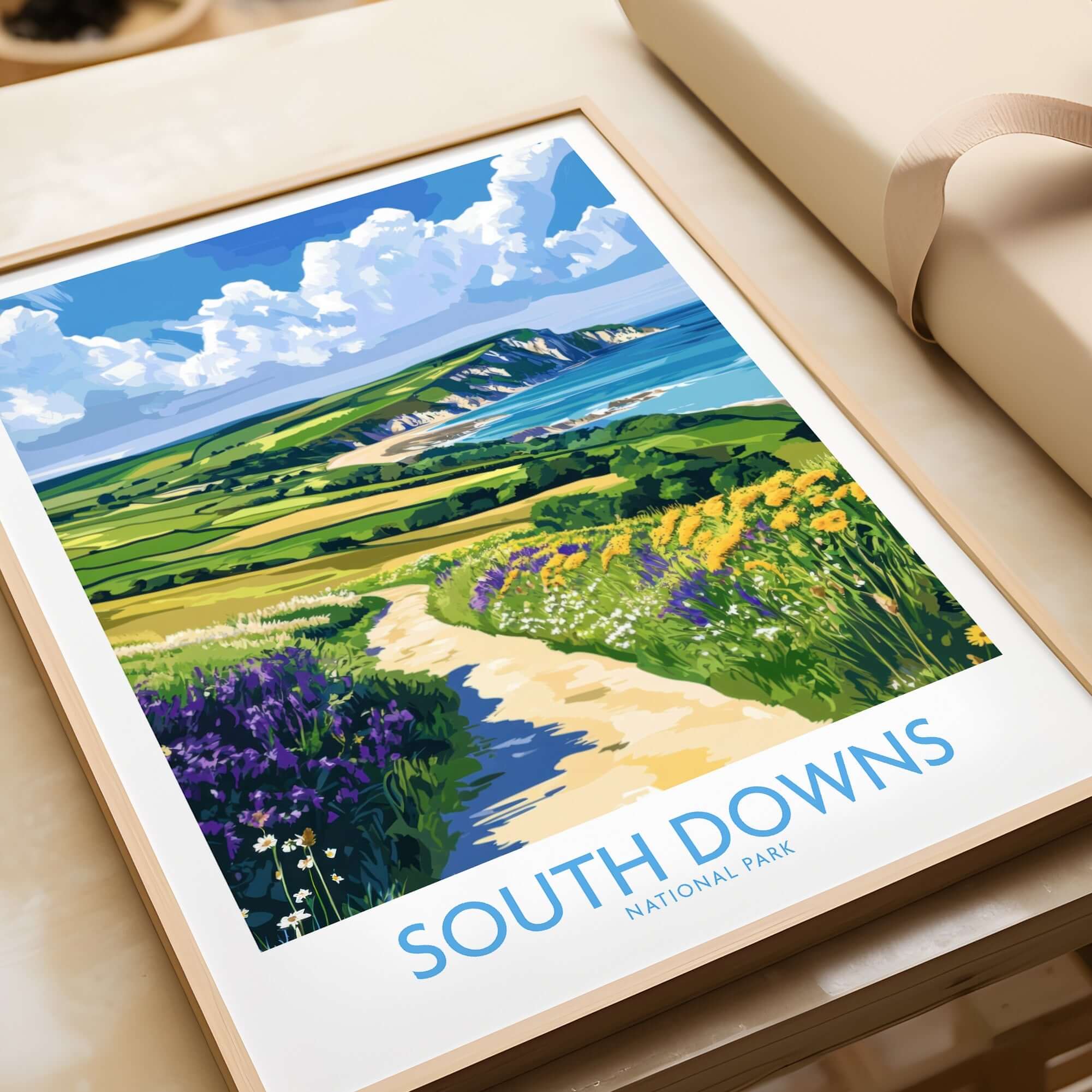 South Downs National Park Poster England featuring a scenic coastal view with flowers and hills in vibrant colors.