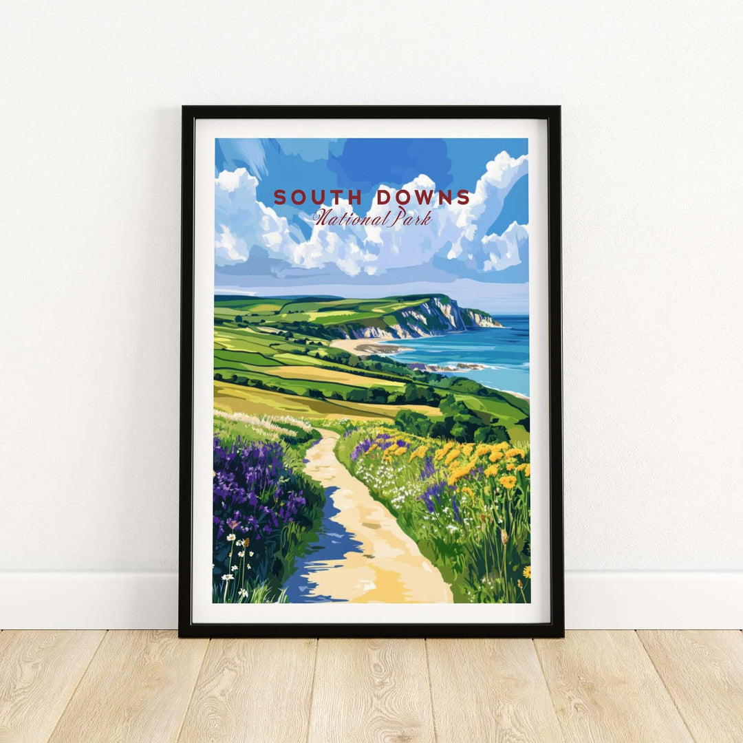 South Downs National Park poster showcasing coastal cliffs and lush greenery, perfect for home or office decor.