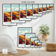 South Downs National Park Print size guide with various frame options showcasing vibrant landscapes.