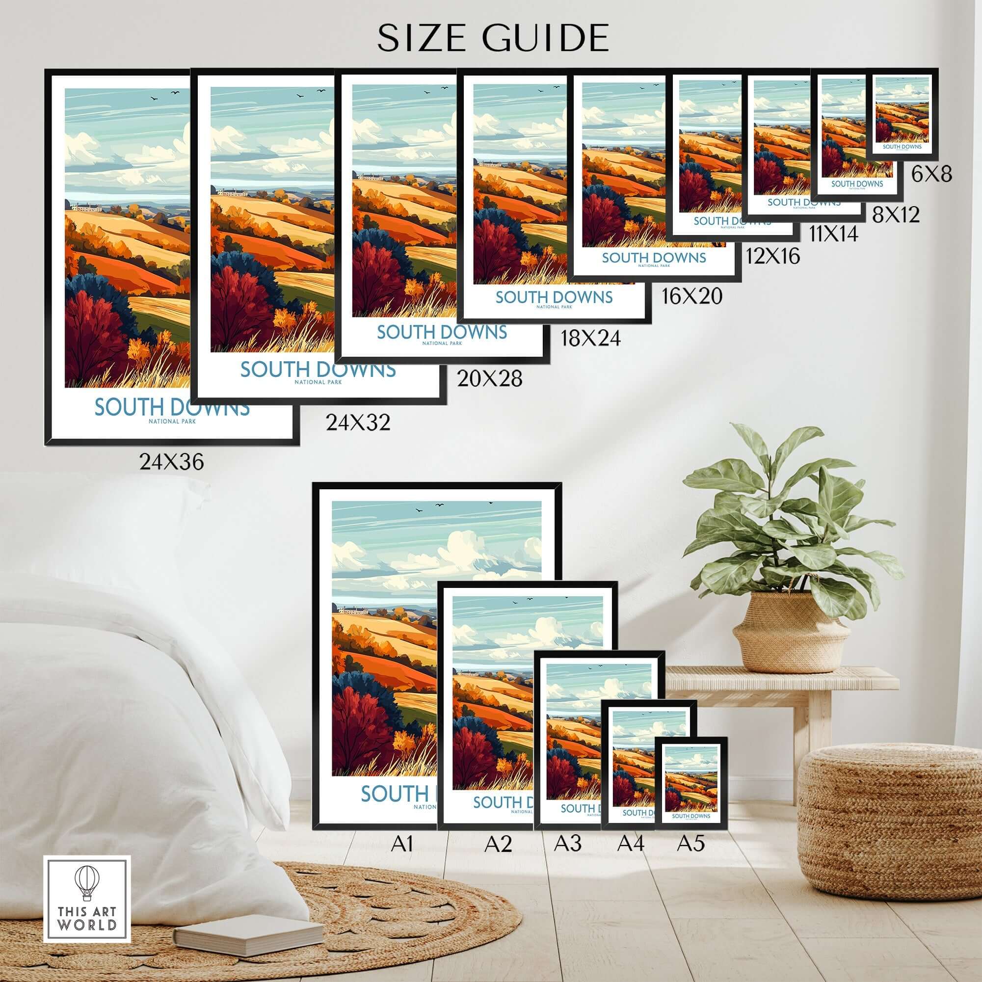 South Downs National Park Print size guide with various frame options showcasing vibrant landscapes.