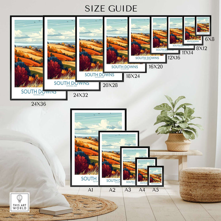 South Downs National Park print size guide showcasing various frame dimensions in a home setting.