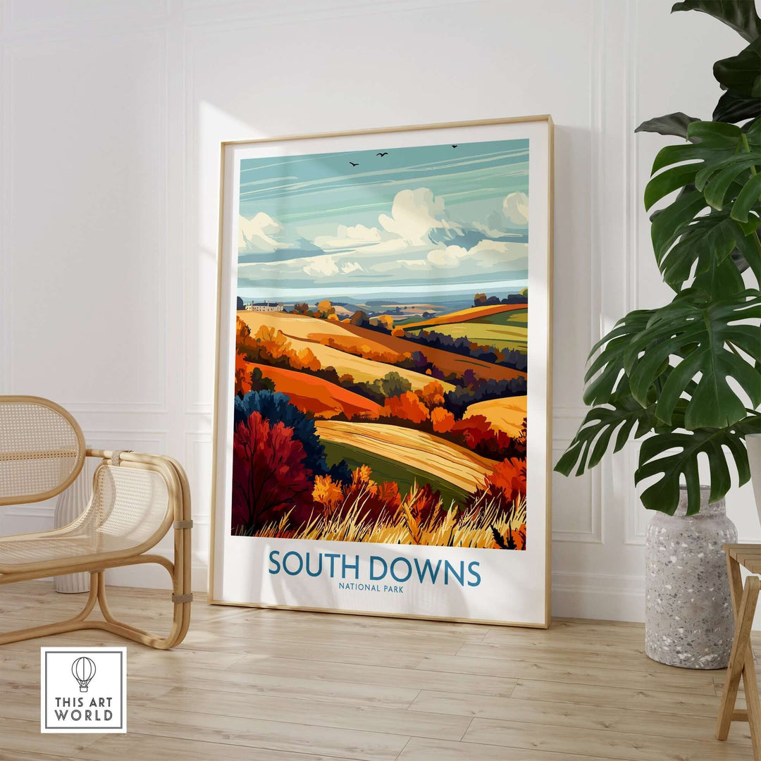 South Downs National Park print showcasing vibrant colors and scenic landscapes in a stylish interior setting.