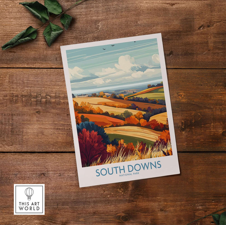 South Downs National Park print featuring vibrant colors and scenic landscapes on rustic wooden background.