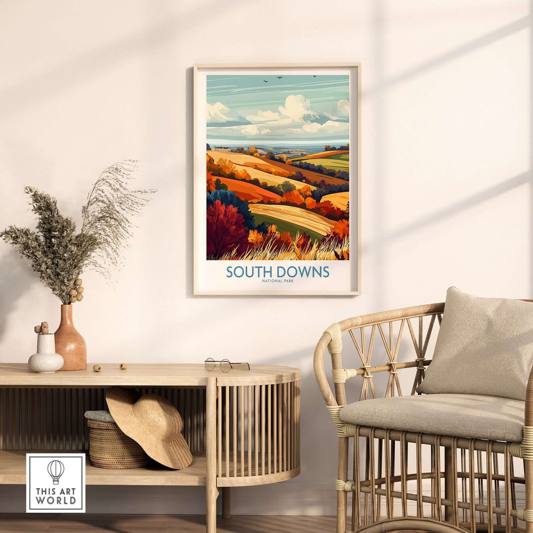 South Downs National Park print displayed in a modern home setting, showcasing vibrant colors and beautiful landscape details.