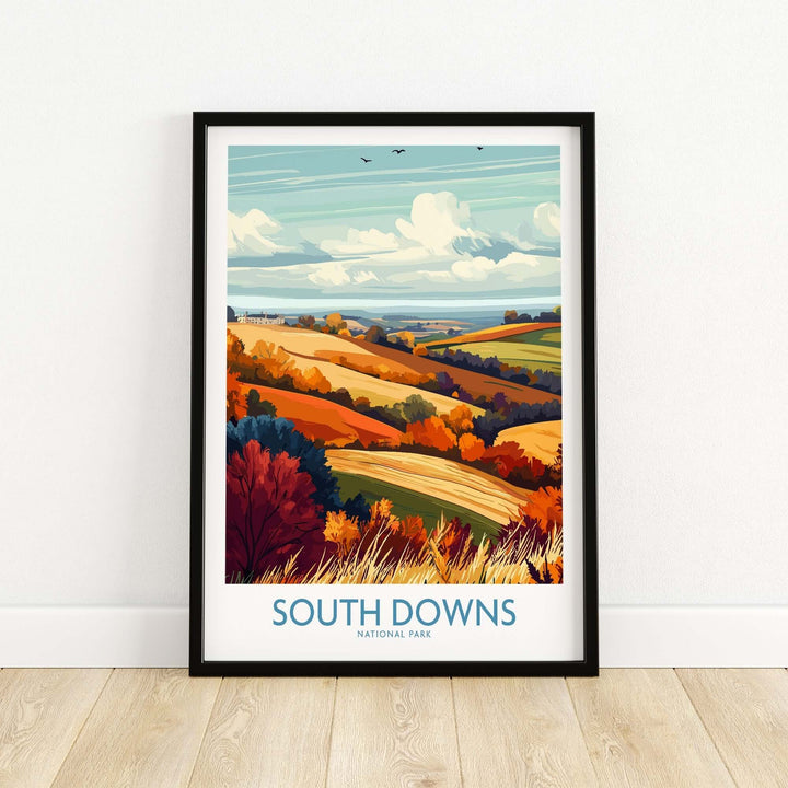 South Downs National Park print showcasing vibrant autumn colors and rolling hills in a stylish black frame.