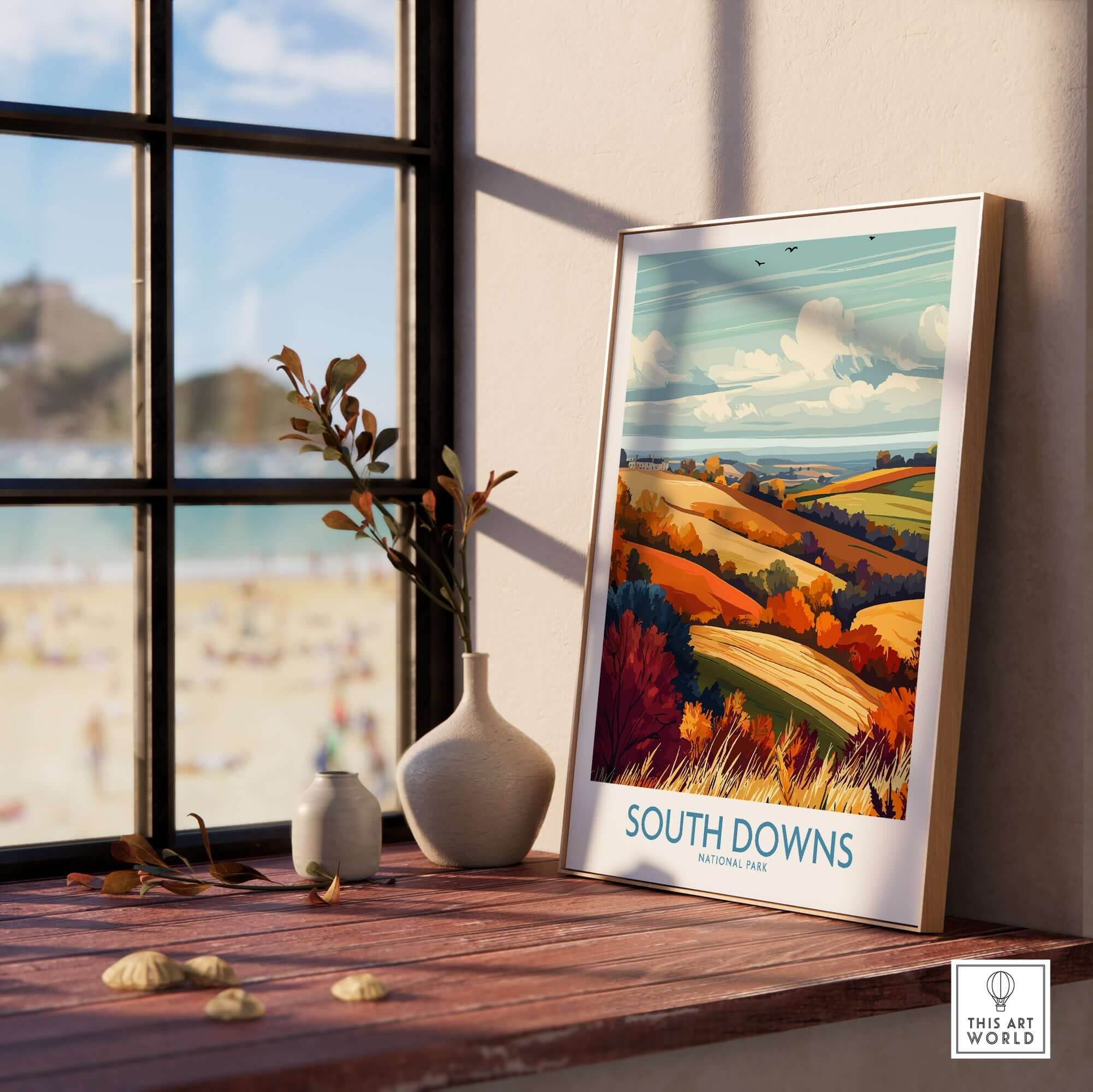 South Downs National Park Print displayed in a stylish home setting, showcasing vibrant landscapes and fine details.