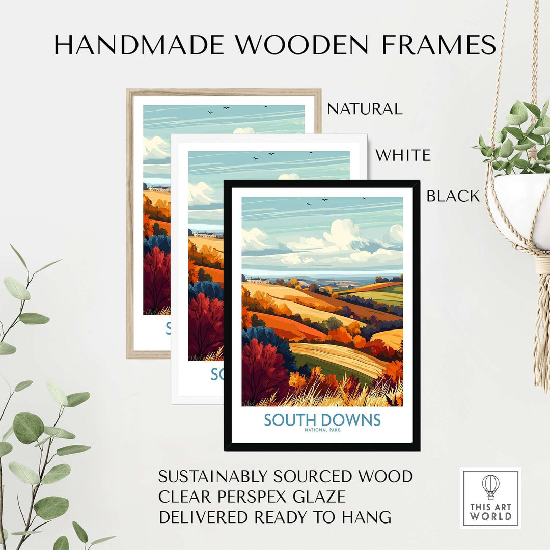 Handmade wooden frames in natural, white, and black for South Downs National Park print, featuring sustainable materials and clear glaze.