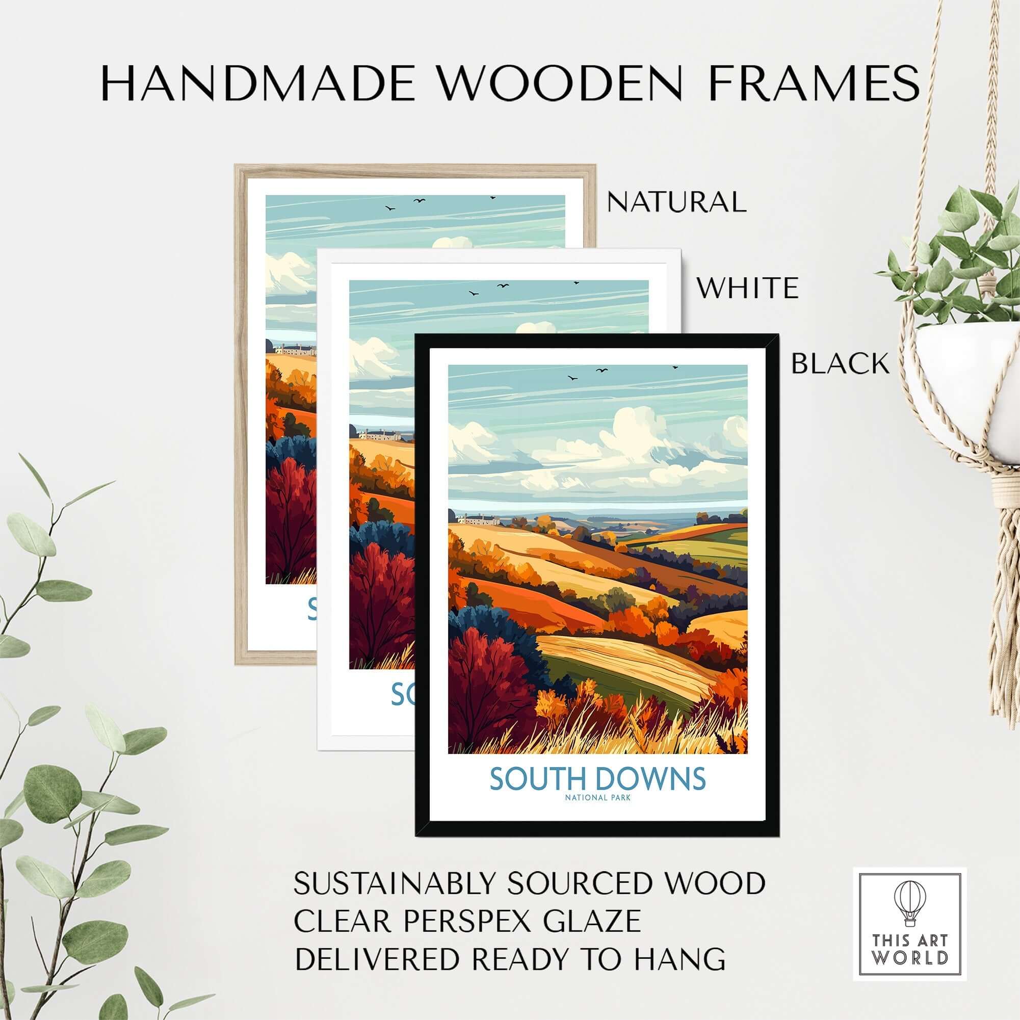 Handmade wooden frames in natural, white, and black for South Downs National Park Print, ready to hang.