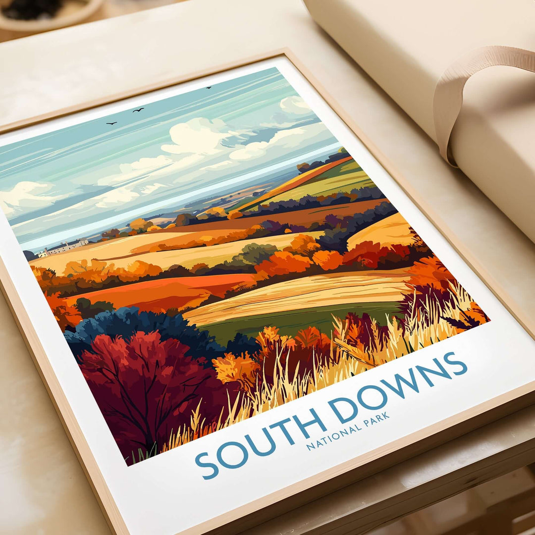 South Downs National Park print showcasing vibrant autumn colors in a framed art piece, perfect for home décor.