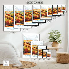 Size guide for South Downs National Park Travel Poster showcasing various print sizes.