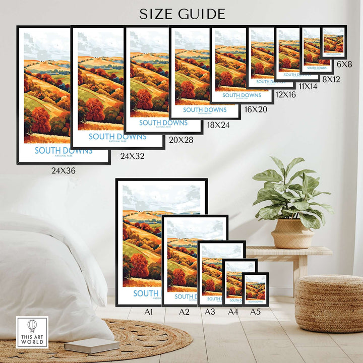 Size guide for South Downs National Park travel poster showcasing various frame sizes against a cozy home backdrop.