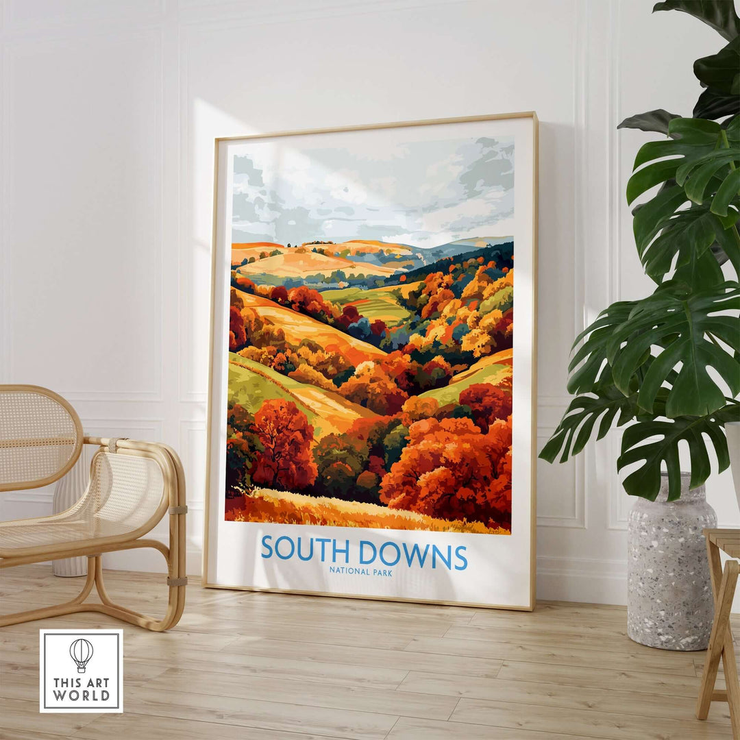 South Downs National Park travel poster showcasing vibrant autumn colors and scenic landscapes in a stylish home setting.