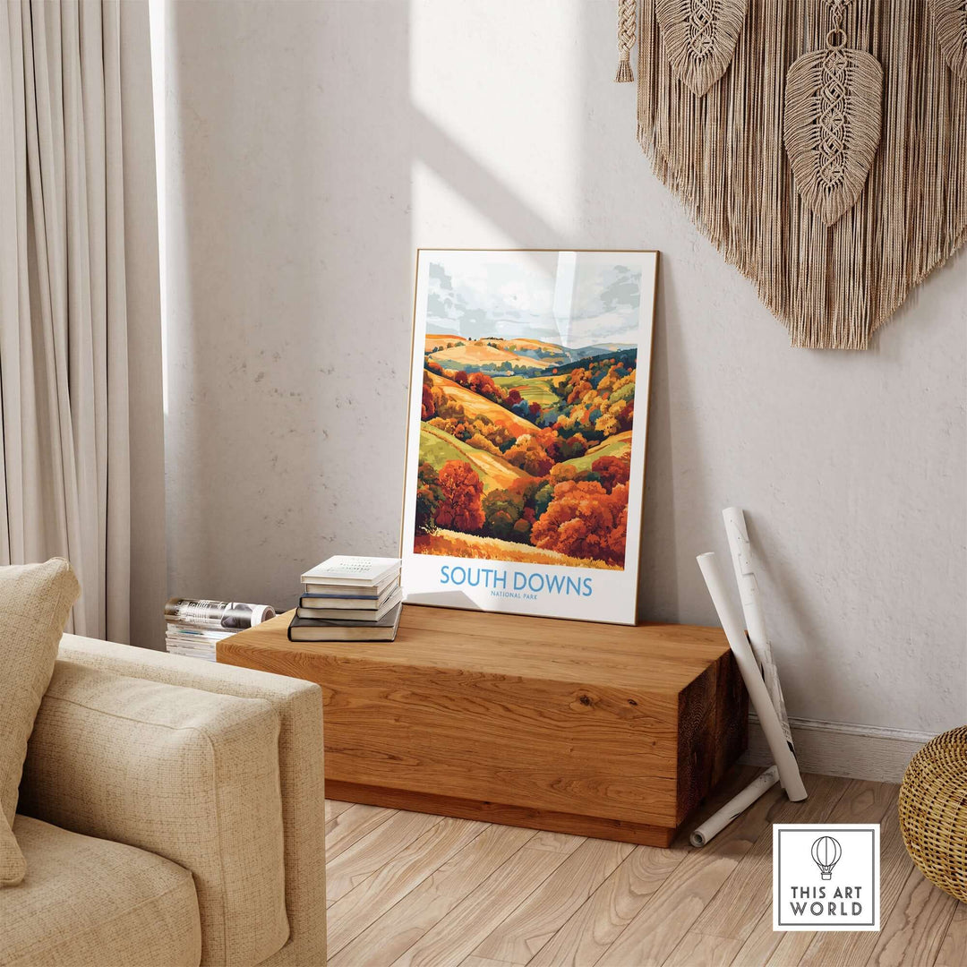 South Downs National Park travel poster showcasing vibrant autumn colors in a cozy home setting. Perfect for nature lovers.