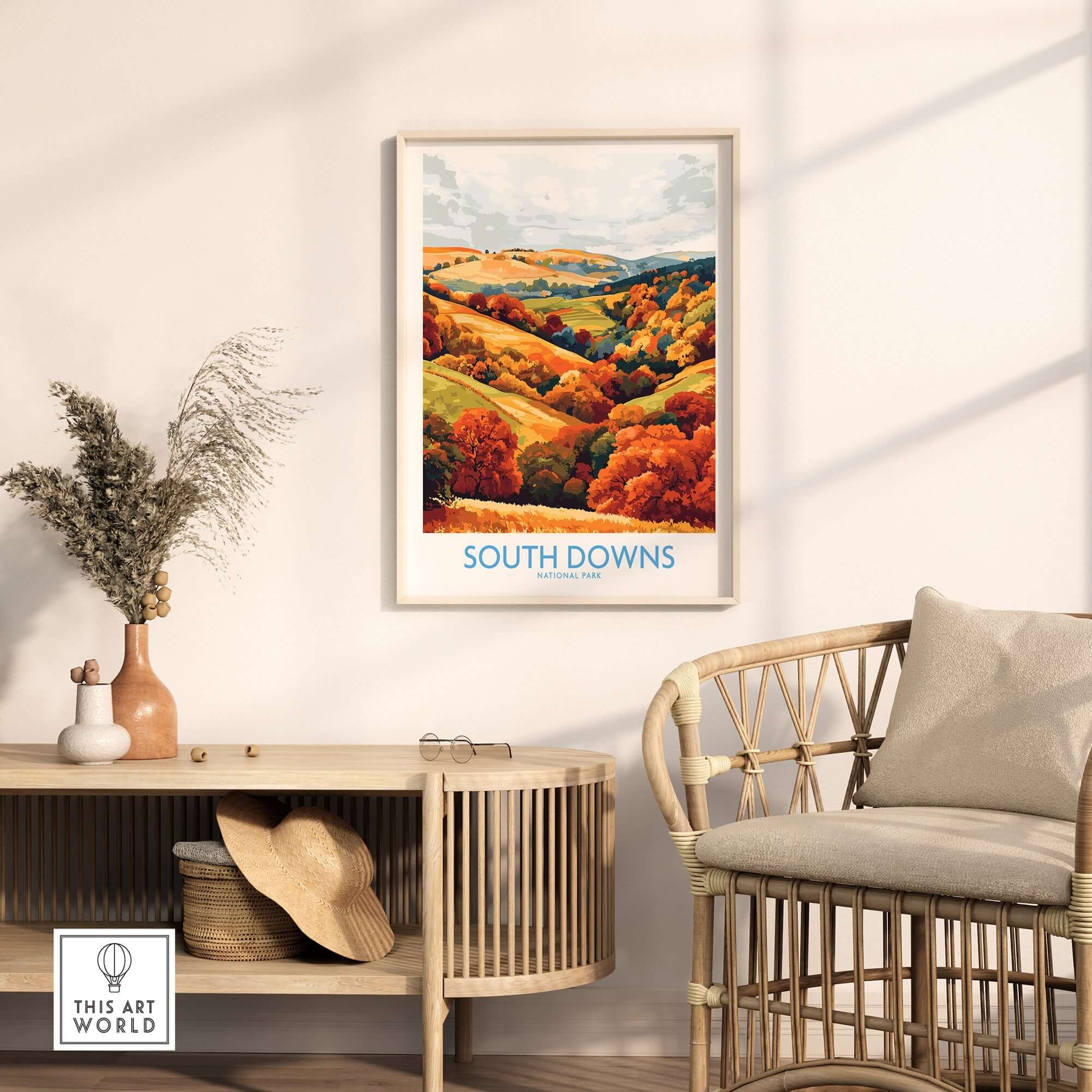 South Downs National Park Travel Poster featuring autumn colors and scenic landscapes in a stylish living room setting.