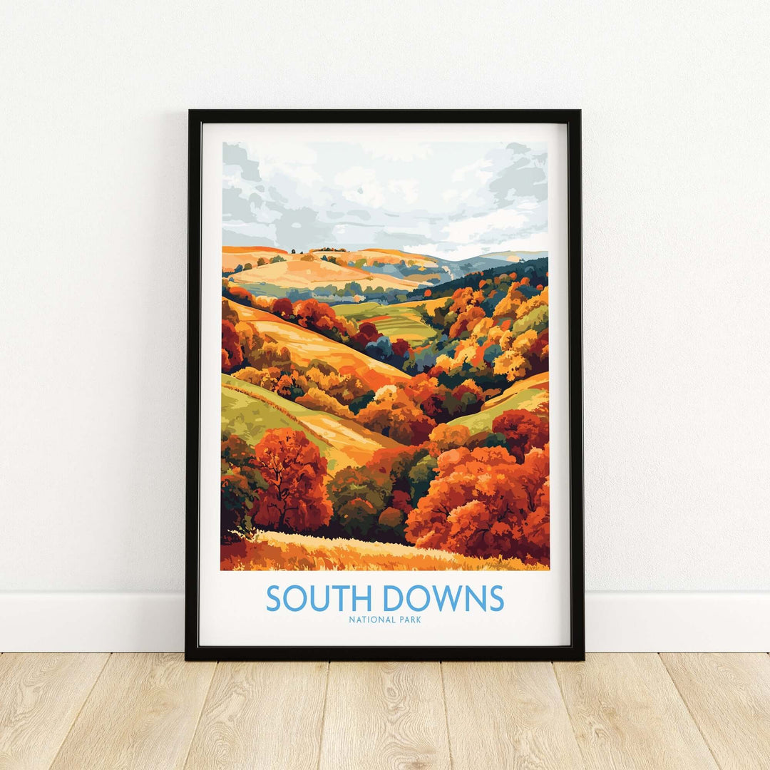 Vibrant autumn landscape of South Downs National Park in a framed travel poster showcasing nature's beauty.