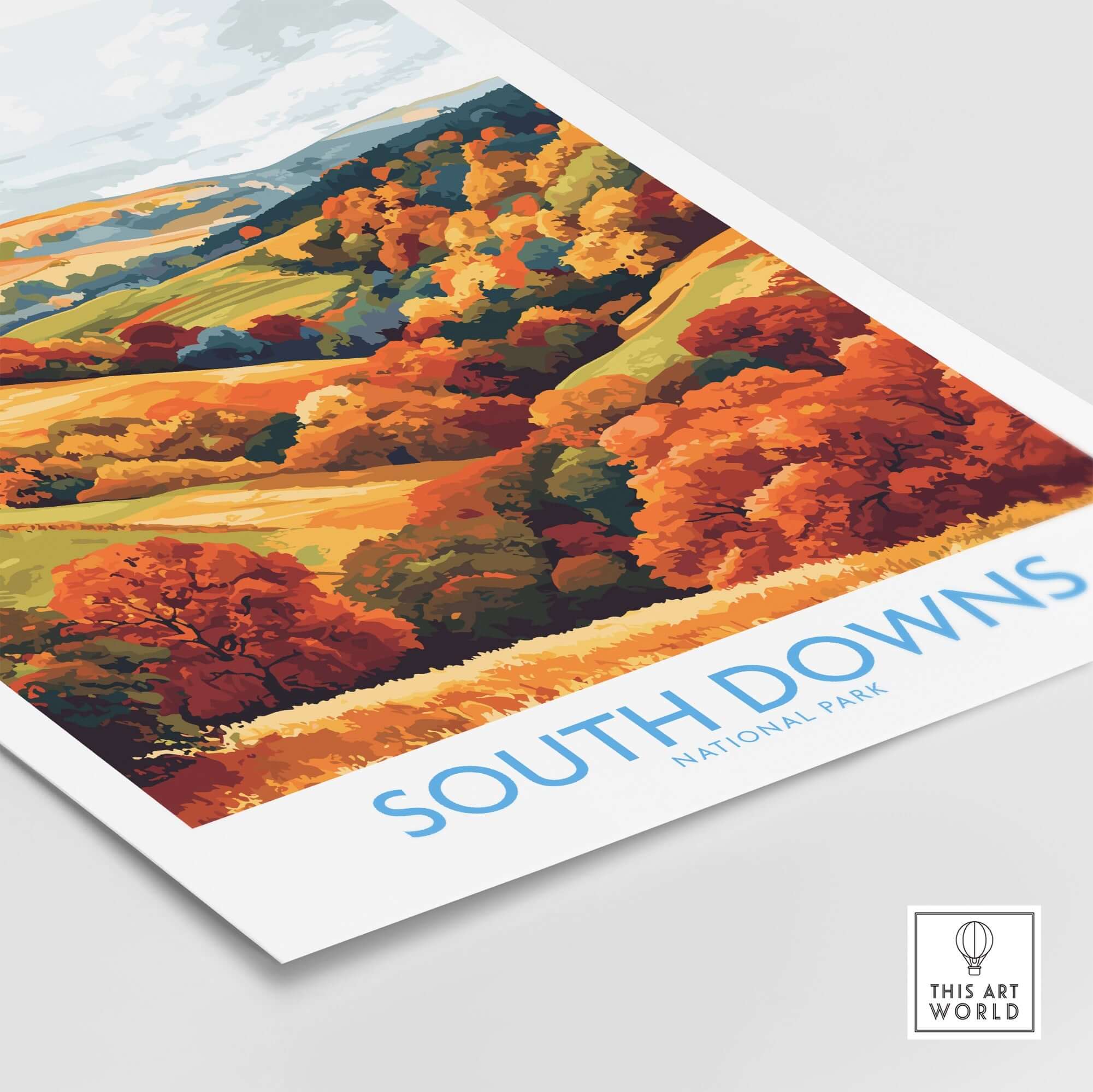 South Downs National Park Travel Poster featuring vibrant autumn colors and picturesque landscapes.