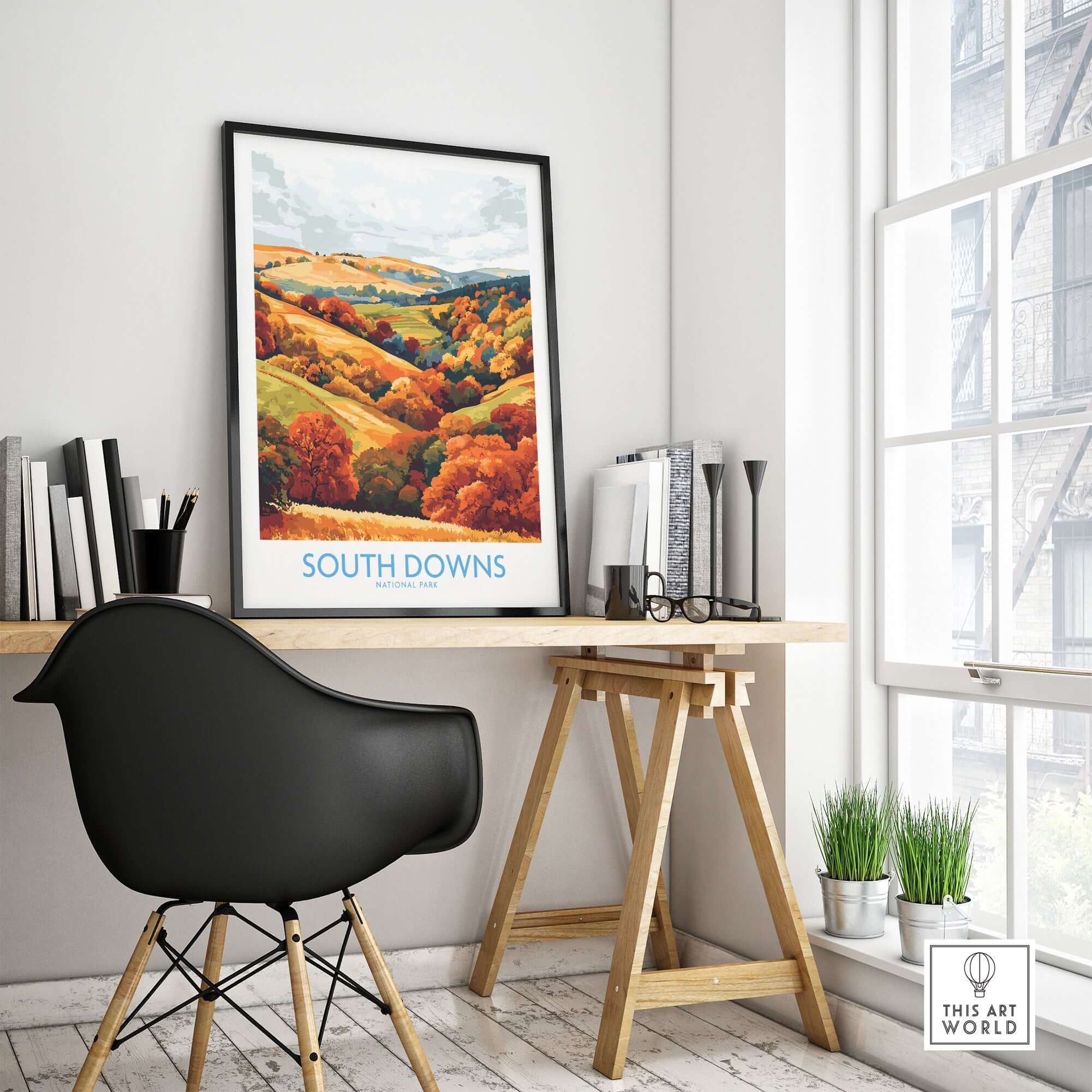 South Downs National Park Travel Poster displayed in a modern office setting with autumn colors.