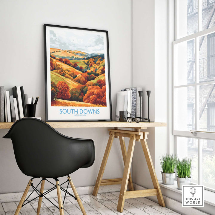 South Downs National Park travel poster showcasing vibrant autumn colors, displayed in a modern home office setting.