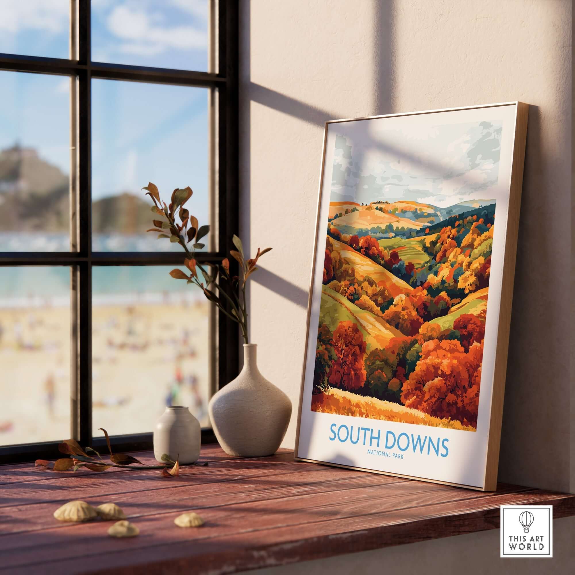 South Downs National Park Travel Poster showcasing vibrant autumn colors and scenic landscapes in a cozy setting.