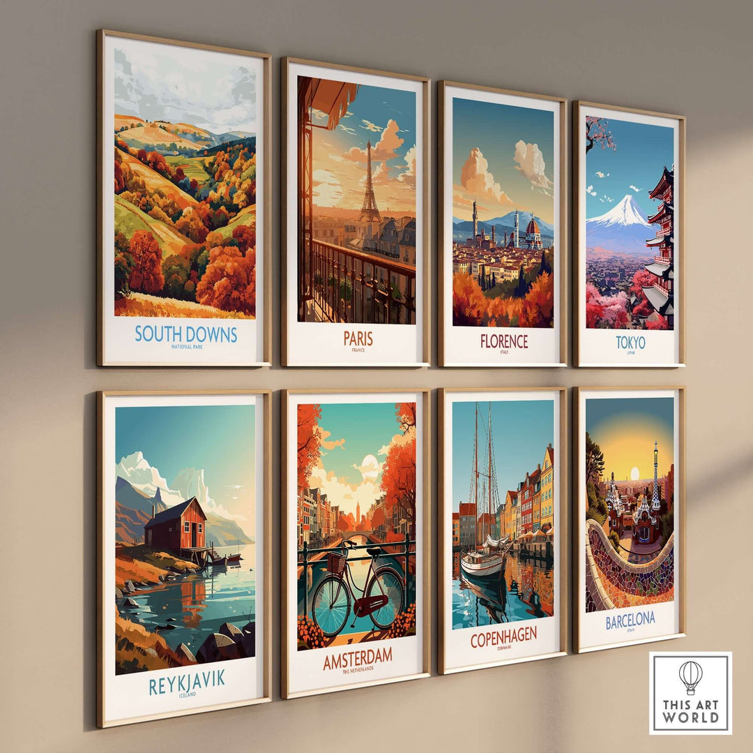 Collection of vibrant travel posters featuring South Downs, Paris, Florence, Tokyo, Reykjavik, Amsterdam, Copenhagen, and Barcelona.