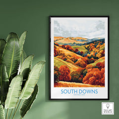 South Downs National Park Travel Poster featuring vibrant autumn landscapes and hills in rich colors.