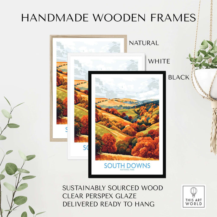 Handmade wooden frames in natural, white, and black for South Downs National Park travel poster, ready to hang.