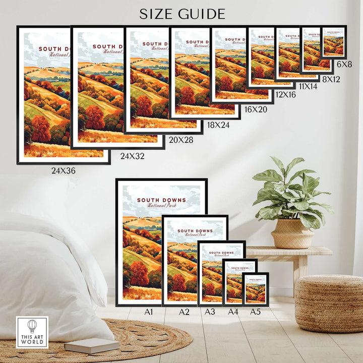 Size guide for South Downs National Park travel print showing various frame sizes and vibrant autumn landscape design.