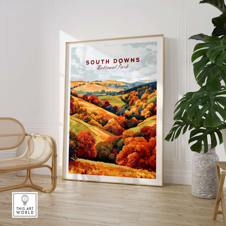 South Downs National Park travel print showcasing vibrant autumn colors in a stylish home setting.