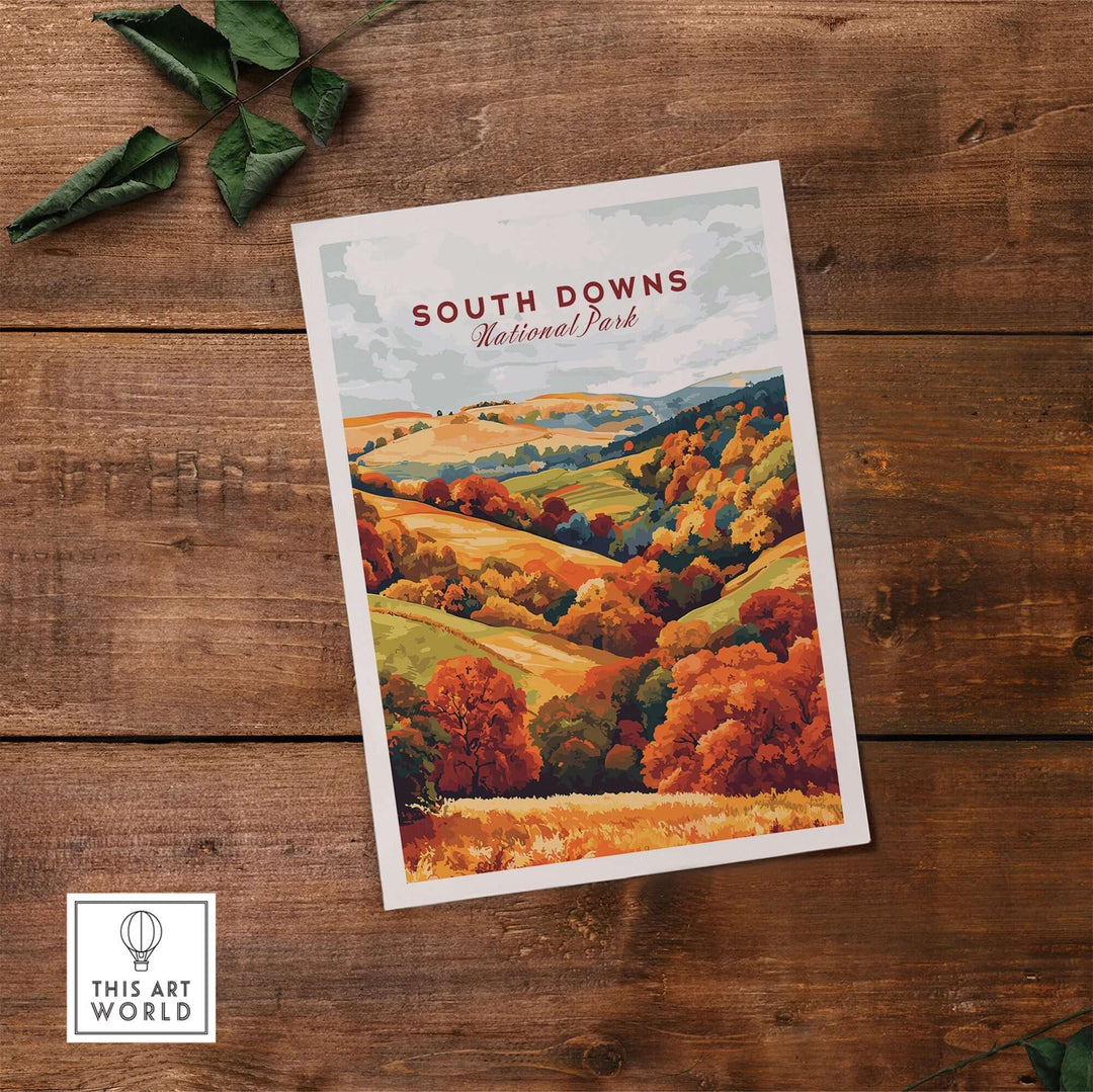 South Downs National Park travel print showcasing vibrant autumn colors and rolling hills on a rustic wooden background.