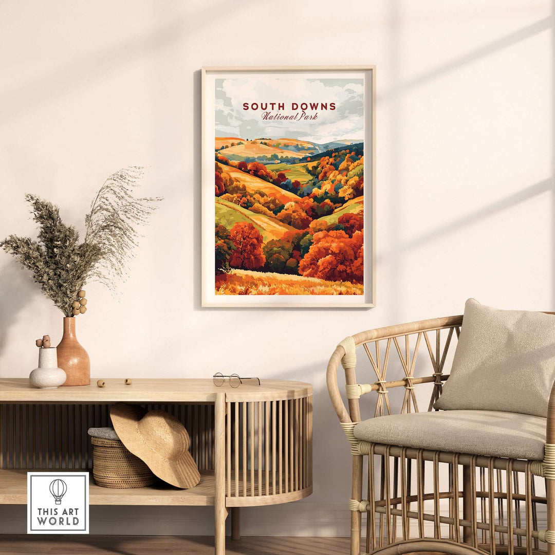 South Downs National Park travel print showcasing vibrant autumn colors in a stylish home setting.