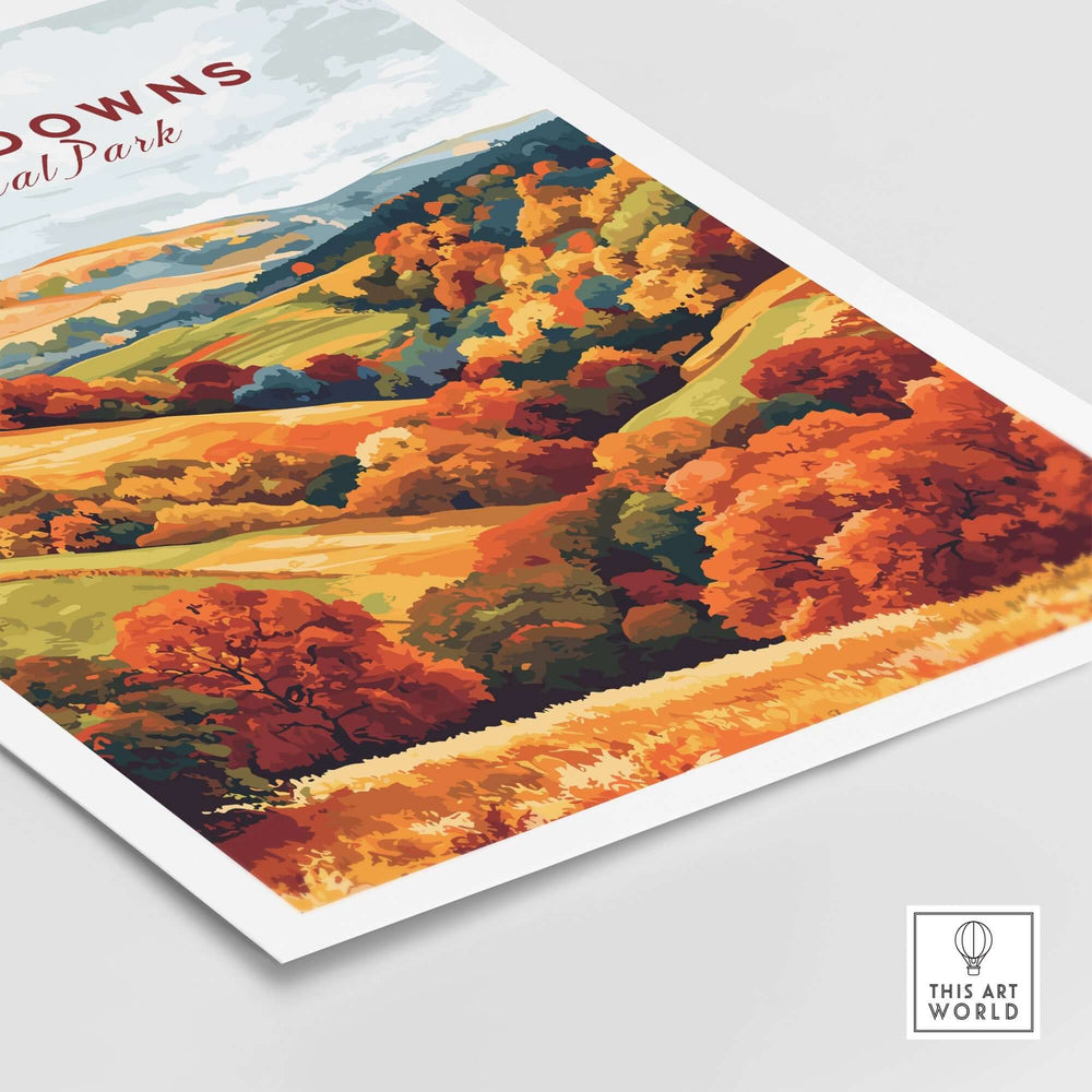 South Downs National Park travel print featuring vibrant autumn colors and scenic hills, perfect for home decor.