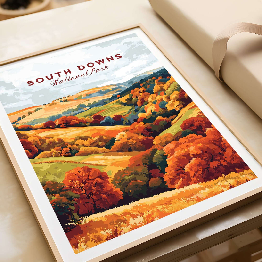 South Downs National Park travel print showcasing vibrant autumn colors in a scenic landscape illustration.