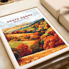 South Downs National Park Travel Print depicting vibrant autumn scenery and rolling hills.