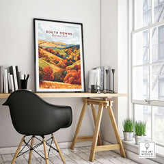 South Downs National Park Travel Print showcasing vibrant autumn colors in a cozy office setting.